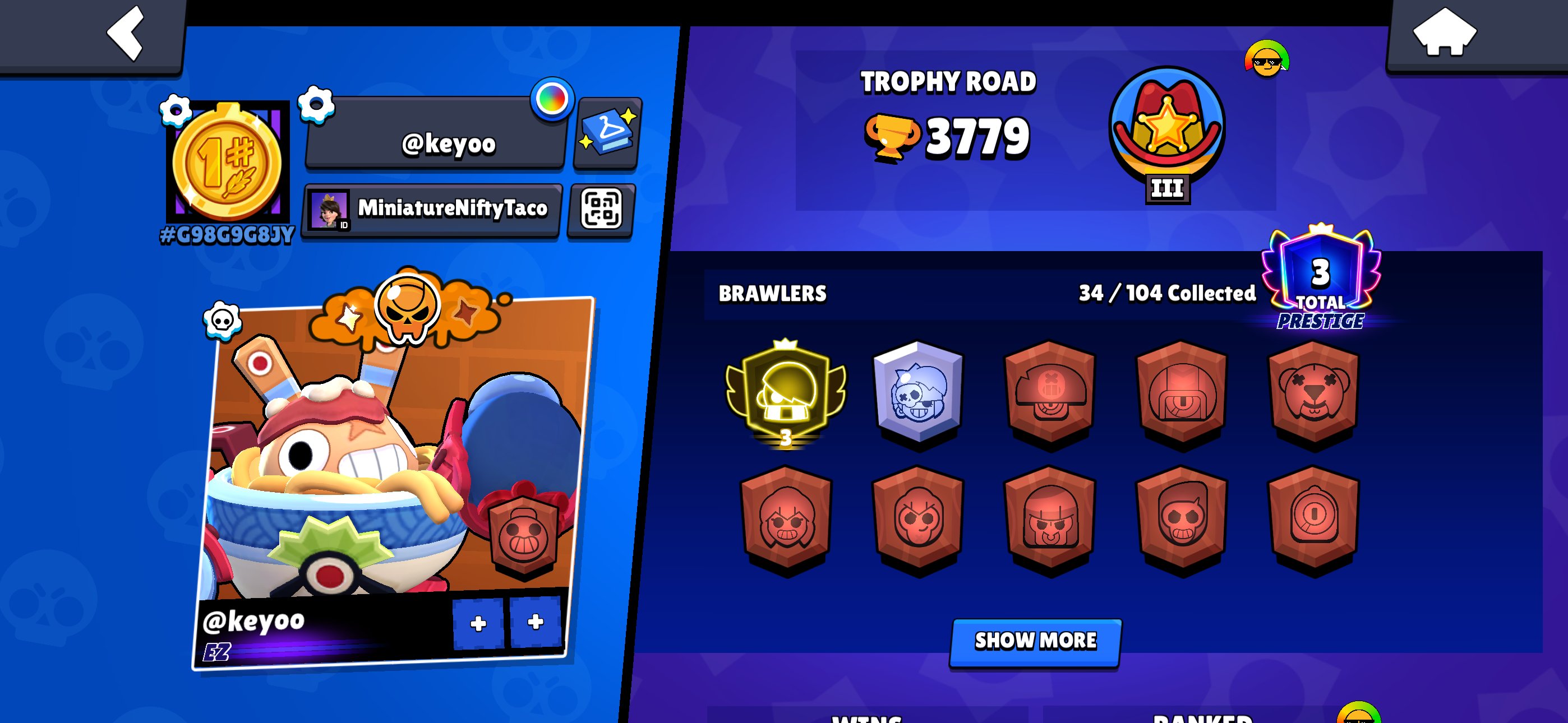🤍3 prime Edgar❤️3779 trophies 🤍 3 legendary and 3 miphic scins❤️, trophies 3779, brawlers 34, primes 3