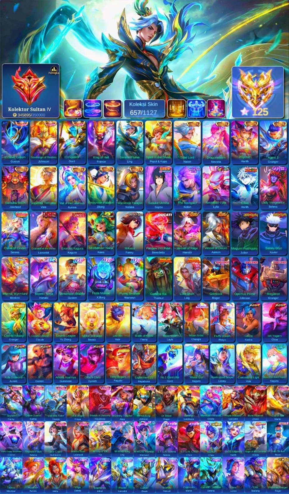 🔥WORLD-CLASS🔥🛡️13th COLLECTOR🛡️💎JJK JUL/XAVIER💎💠ZENITH SELENA💠🔴KISHIN LANCE - AoT FANNY🔴, Sale, Rank: Epic, Level: 126, Winrate: 52%, Heroes: 133, Skins: 657