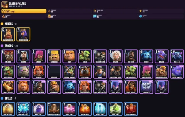 10 TH 🎯 1200+ trophies 👑 5 BH ✨ 20 hero levels 🏆 81 troop levels, 10 TH Home Village