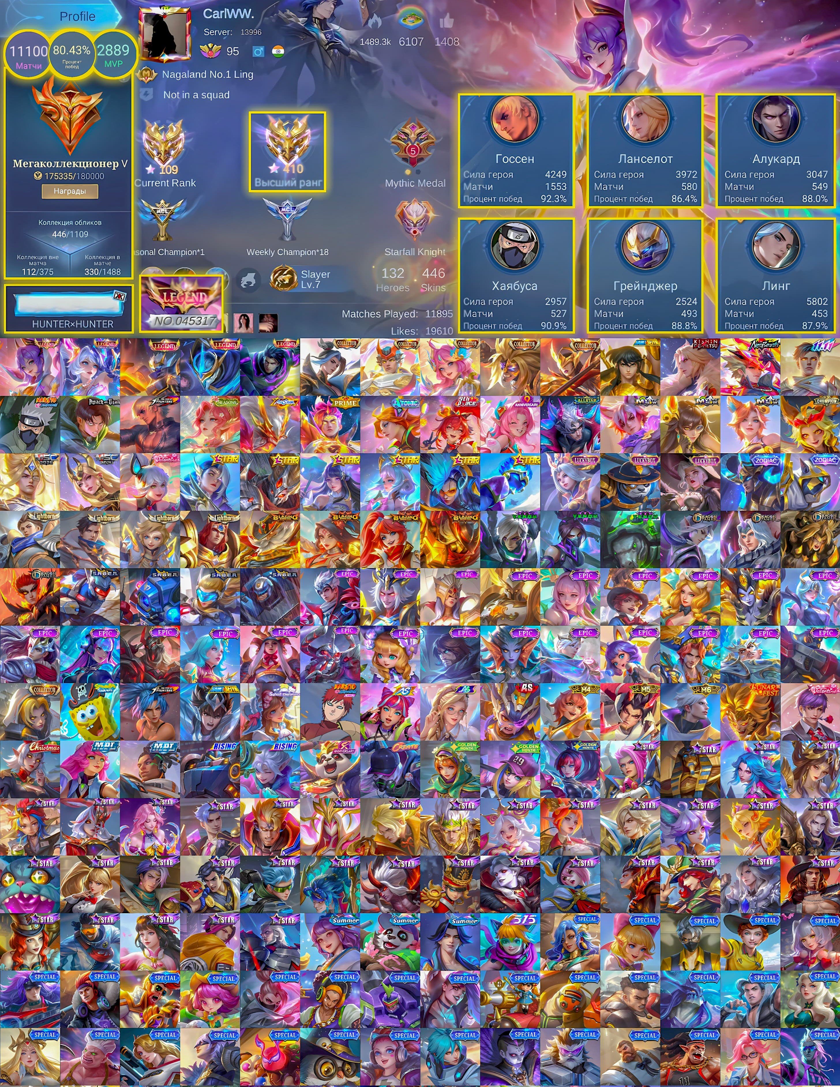 🔥Public Account🔥410 Stars🔥Gusion Skin Set, Legend Fanny, Naruto Hayabusa, K' Lancelot, Neo Ling🔥, Sale, Rank: Mythic, Level: 125, Winrate: 80%, Heroes: 132, Skins: 446