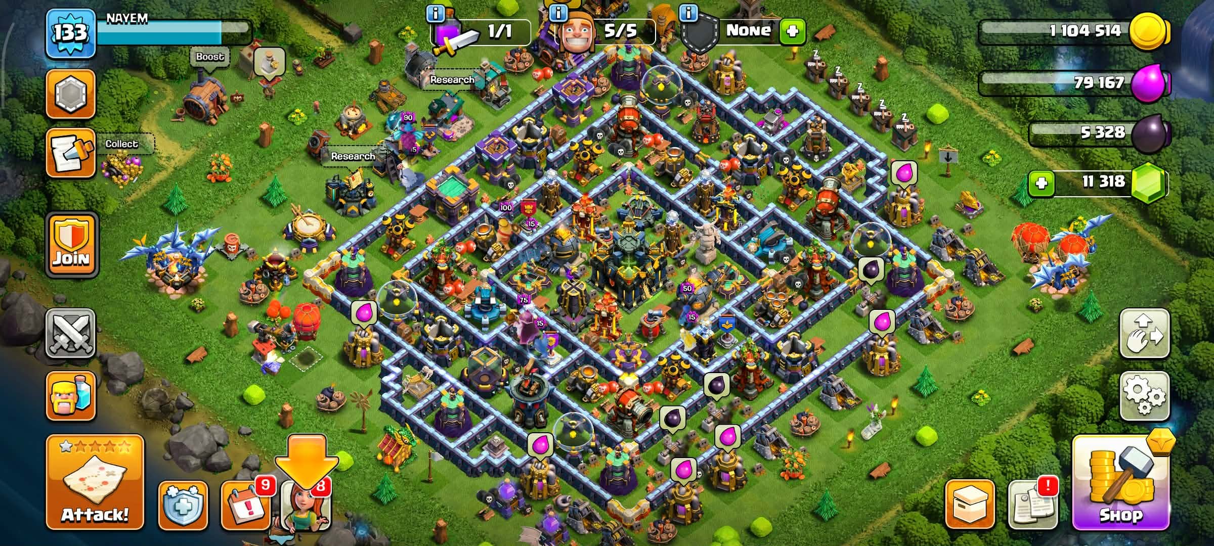 TH 17 👑Dragon Statue⚡STRONG LEVEL WALL👑(BK13,AQ26,MN13,GW16,RC14)🔰11,300+ Gems🔰133 XP✨, 17 TH Main Village, 9 TH Builder