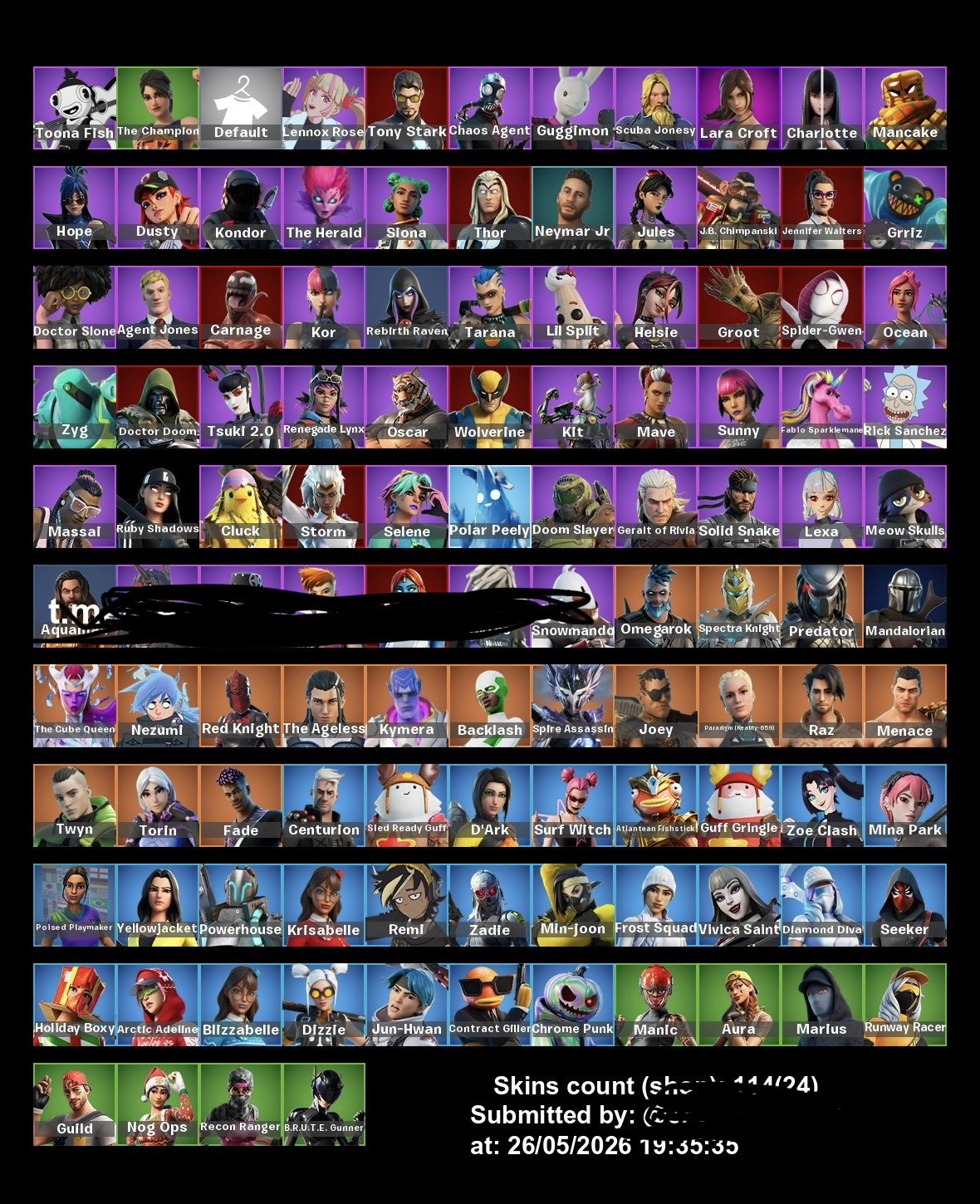 LEGENDARY FORTNITE | TONY STARK + LARA CROFT + WOLVERINE + GERALT | 114 SKINS | 109 EMOTES