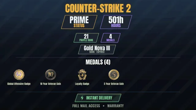 CS2 Prime💎501h🎯4 medals Veteran Coin 10 years, Loyalty Badge, Veteran Coin 5 years, Global, Sale, Inventory empty, Has PRIME