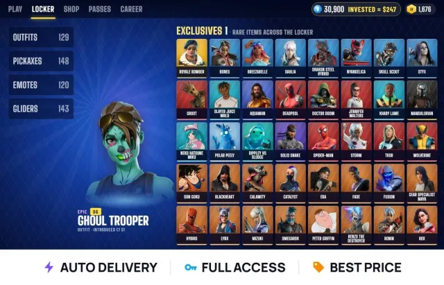 (PC/XBOX/Android/iOS) ⚡ 129 skins ⚡ Level 1676 ⚡ Ghoul Trooper + Royale Pilot + Costik, Sale, skins 129