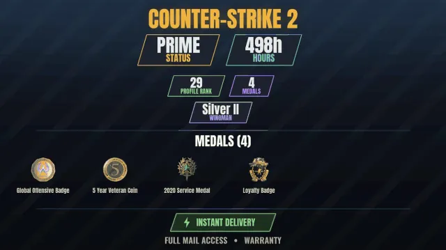CS2 Prime👑498h✨4 medals Medal for Service 2020, Loyalty Badge, 5-Year Veteran Coin, Global, Sale, With inventory, Has PRIME