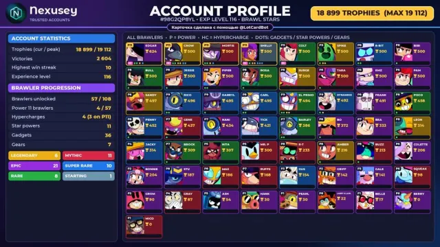 🚀 ⟦ BRAWL STARS ⟧ 18,899 CUPS ✦ 57 BRAWLERS ✦ 6 LEG.: Amber · Crow · Leon ✦ FULL ACCESS ✨ #3S5OO1, 18899 cups, 57 brawlers