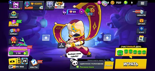 42k🏆91 brawlers / 200+skins / top brawlers / 😛, trophies 43895, brawlers 104, primes 9