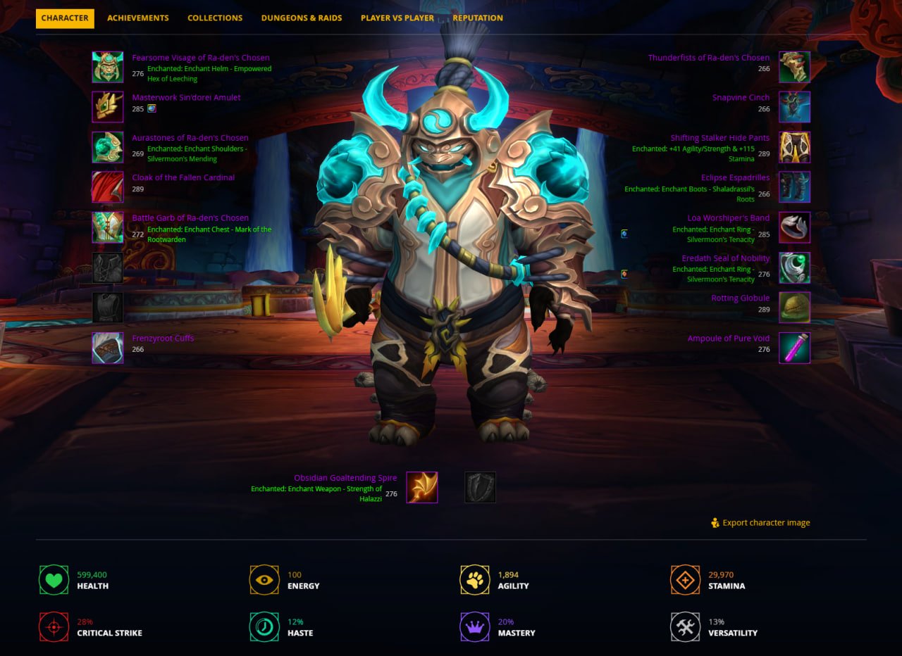3200rio Brewmonk 276Ilvl resil14 UA region, 90 level, Pandaren, Monk