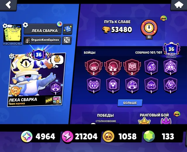 💥NINJATARA💥🧞JESSENDI🧞🚀STAR ADMIRAL GRAY🚀🔥46x11POWER🔥🌈2020🌈💎50000💎🏆FIRSTMAIL🏆, 53000 trophies, 107 brawlers, 36 primes