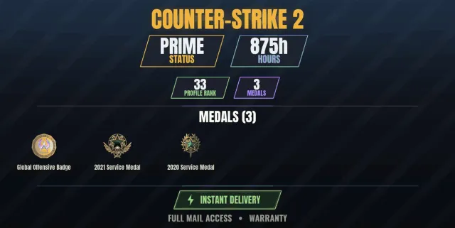 CS2 Prime🏆875h🎮3 medals Medal for Service 2020, Medal for Service 2021, Global Offensive Badge, Sale, Inventory empty, Has PRIME