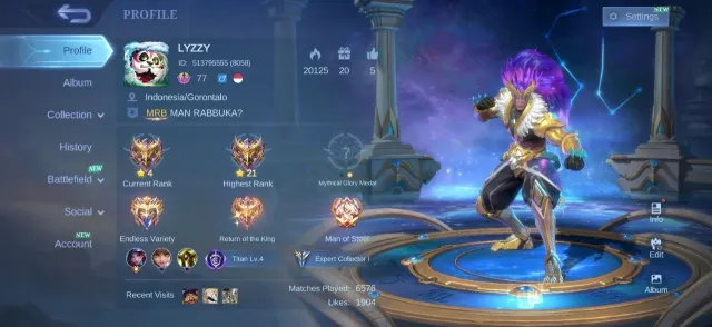 Star Lesley🌟Epic Nana✨Gara Vale⚡M3 Roger💫Zodiac Badang🌙MC 128 Draw💎Hero Emblem Max🏆, Продажа, Ранг: Мифический, Уровень: 77, Процент побед: 49%, Герои: 133, Облики: 218