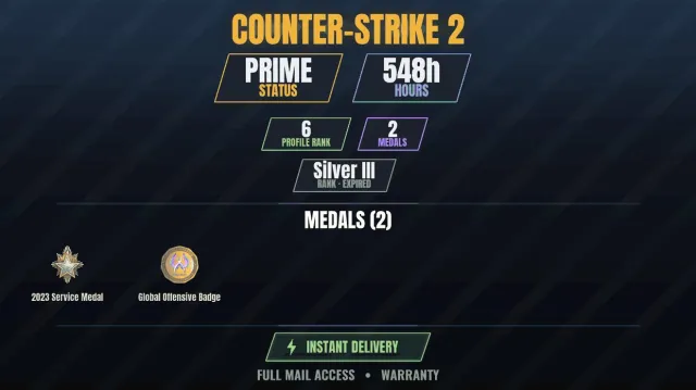CS2 Prime💠548h💎2 medals Medal for Service 2023, Global Offensive Badge, Sale, Inventory empty, PRIME