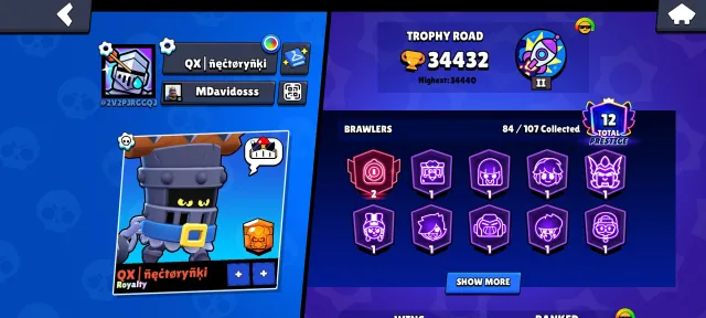 2 pro passes | 5 BP + | a bunch of skins, 34000 trophies, 84 brawlers, 9 primes