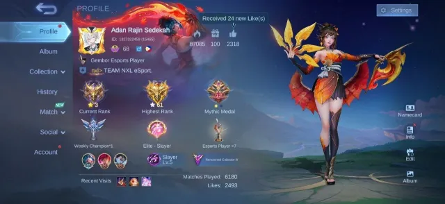 Collector Natalia✨Black Void Epic⚡Deluxe 34💎Epic Bane🌟Lancelot💫YSS✨Gara Vale⚡Lunox💎Emblem Hero Max, Продажа, Ранг: Мифический, Уровень: 68, Процент побед: 51%, Герои: 133, Облики: 236