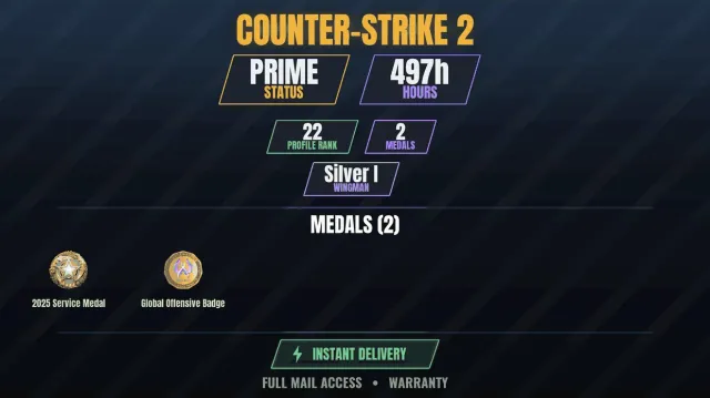 【1 game】【CS2 Prime🏆497h🎮2 medals】 Service Medal 2025, Global Offensive Badge, Sale, With inventory, Has PRIME