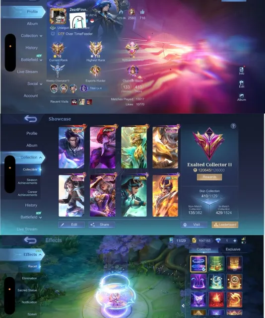 🏆 Guru 3 👑Alu Lgnd 🥊 Chou KOF 👑 Granger Prime ♎ Chou Libra ♎ Valir Libra ✨ Epic Recall Effect, Sale, Rank: Mythical Immortal, Level: 126, Winrate: 55%, Heroes: 133, Skins: 410