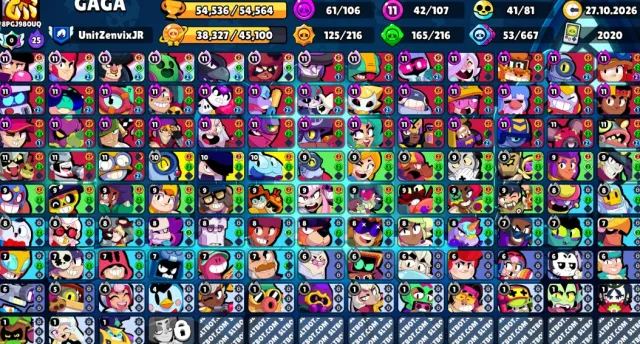 👑52K✨106/106🏆42 11 POWER🥋MASTER🎫REBELLIOUS LOLA🎭UNO CHESTER🤖41 BUFFY🔱GOLD LEON🏆CUP PINS🤖AUTO DELIVERY, 54536 trophies, 107 brawlers, 30 primes