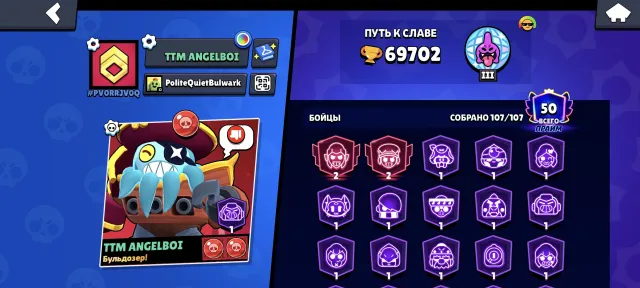 Selling account in Brawl, 70000 trophies, 107 brawlers, 50 primes