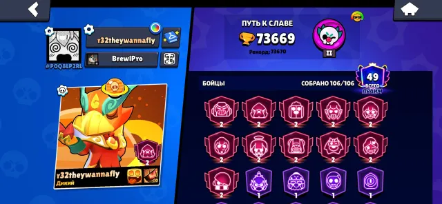 Old account for main, many skins and primes, 11 second primes, 73669 trophies, 106 brawlers, 49 primes