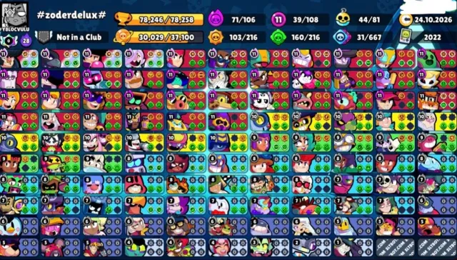 👑 2022 YEAR 🏆 78000 🏆 👤 108 out of 108 👤 ⚡ 44/81 BUFFIE ⚡ 🔥 12x 2 PRIME 🔥, 78000 trophies, 108 brawlers, 52 primes