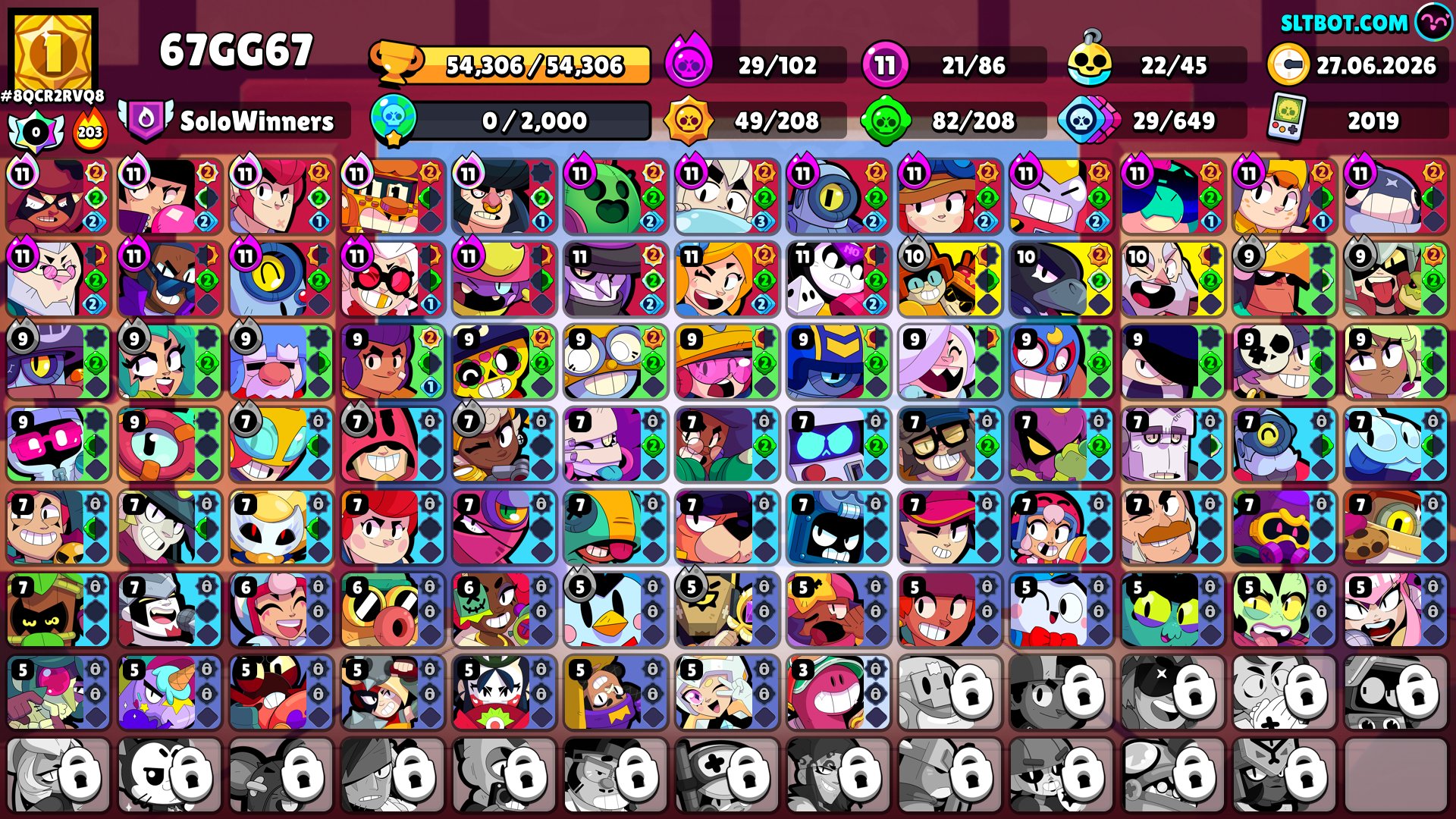 Rare Skins | 54K🏆 | 21.11 Strength | 17.9 Strength | 203 Winstreak🔥, trophies 54300, brawlers 86, primes 20
