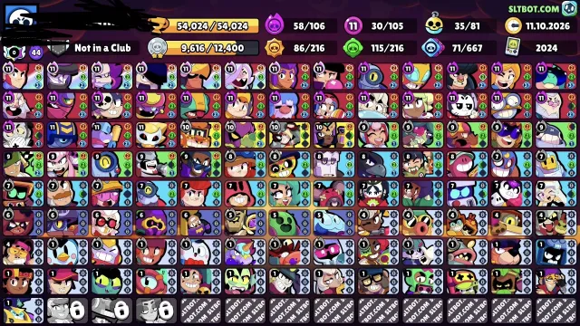 🏮PIN 35 RANK | LEAGUE 2🏮 🏆54024🏆 👥105|106👥 🍀30 11 POWER •, 54024 trophies, 105 brawlers, 34 primes