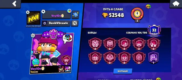 Excellent account, many skins, 52500 trophies, 106 brawlers, 32 primes
