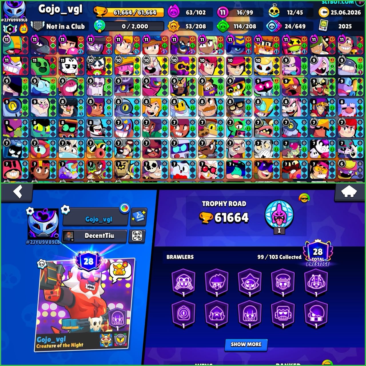 ▣ 62K Trophies ▣ 99 Brawlers Unlocked ▣ 16x Max Brawlers ▣ 14 Hypercharged ▣ 222 Skins ▣, trophies 62000, brawlers 99