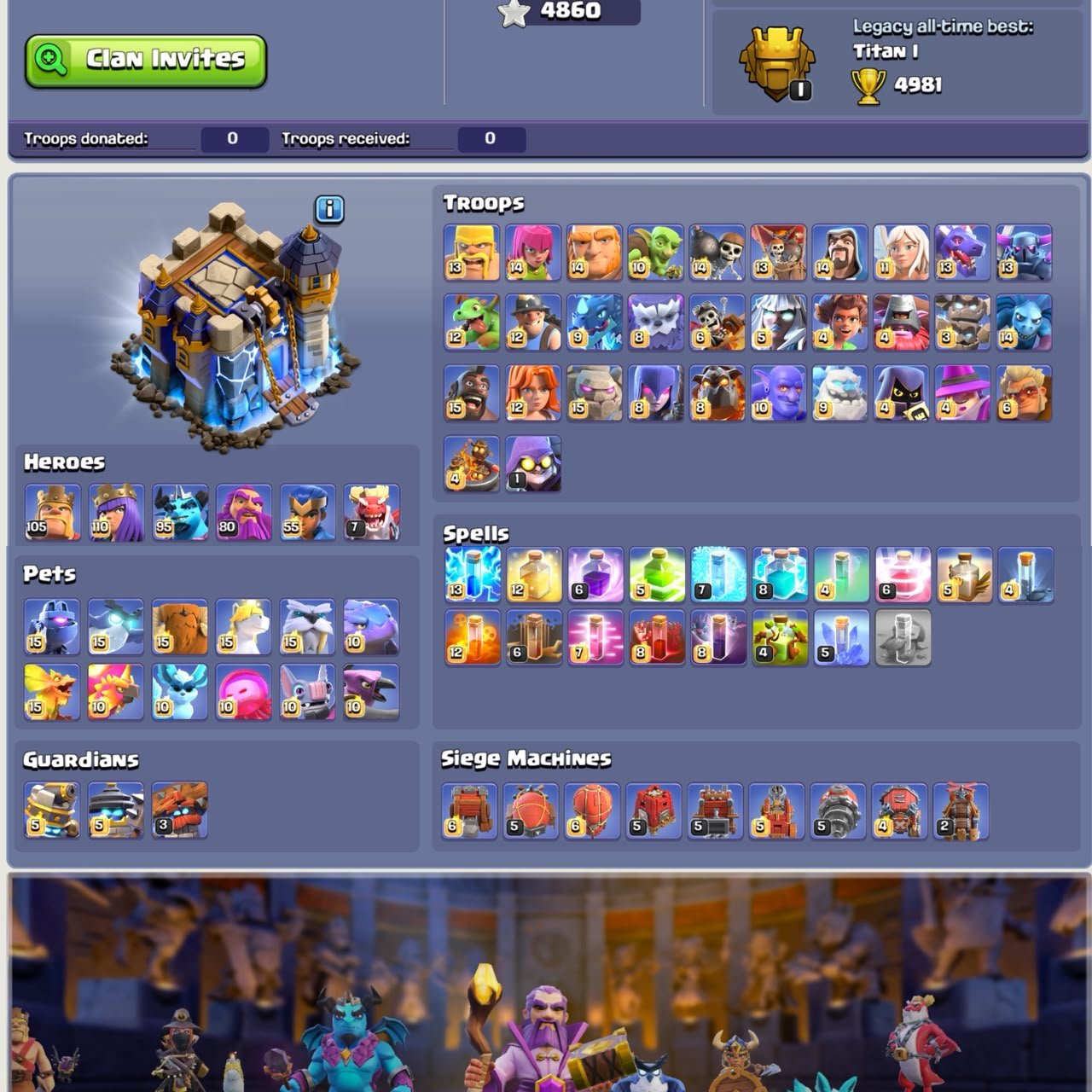 TH 18 Full Max ✪ 105-110-95-80-55 ✪ 4860 War Stars ✪ 13x Epic Equipment (7x Max Level 27) ✪ 268 XP, 18 TH Main Village, 10 TH Builder
