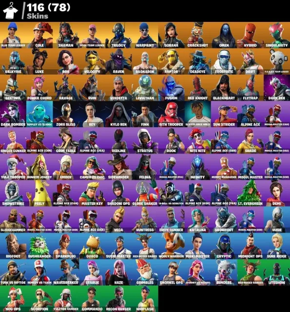 🟣 116 SKINS 🟣 683 NIVEAU 🟣 100 VB 🟣 OG STW🟣Leader de l'équipe bleue🟣Cole🟣Chaman🟣Trilogie🟣Sorana🟣Crackshot, Vente, skins 116