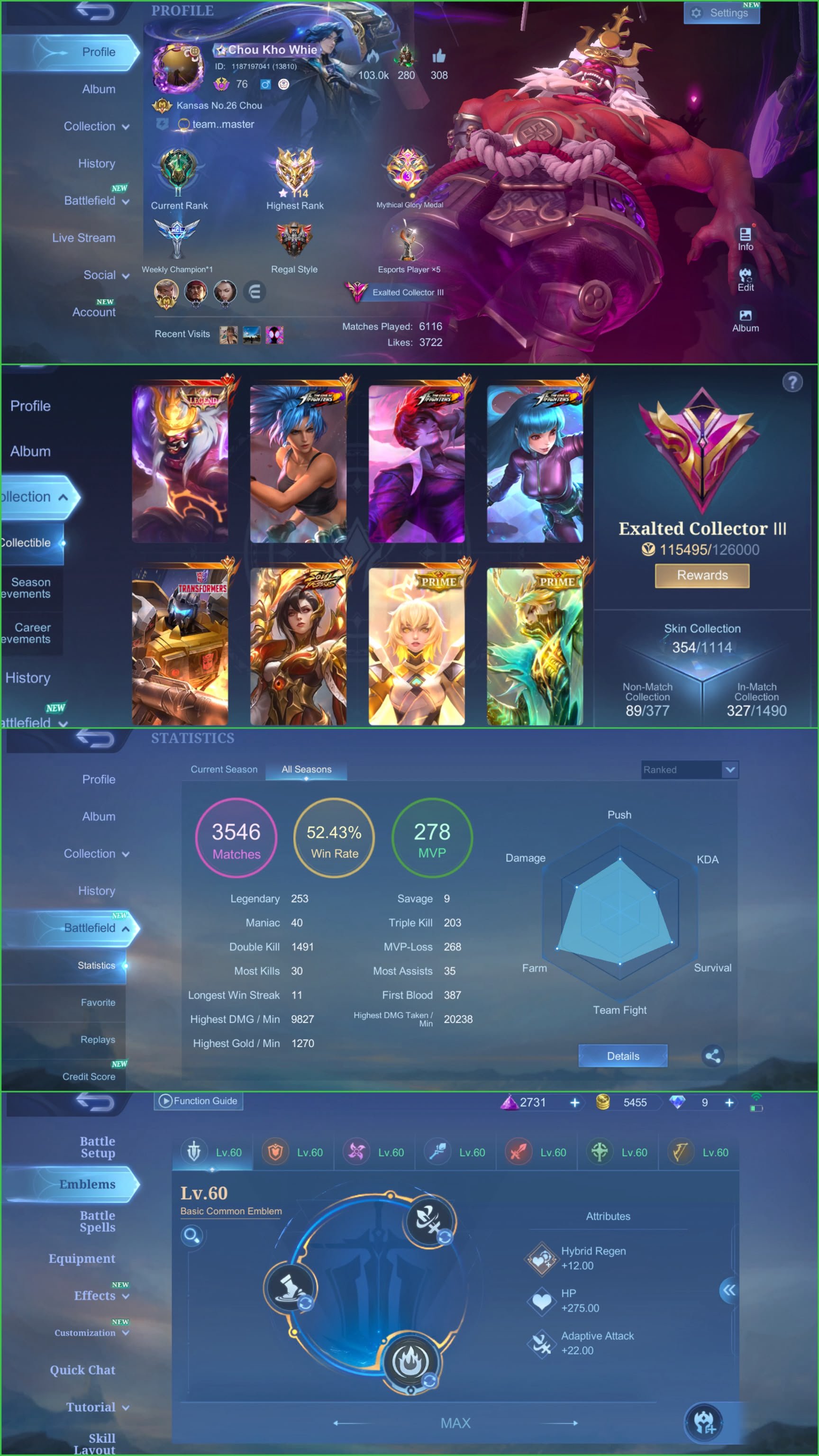 Legend King of Hell (Franco) ▣ KOF Karina ▣ Iori Yagami Chou ▣ Grimlock ▣ Cosmic Finality ▣ Fluffy, Sale, Rank: Mythical Immortal, Level: 76, Winrate: 53%, Heroes: 133, Skins: 354