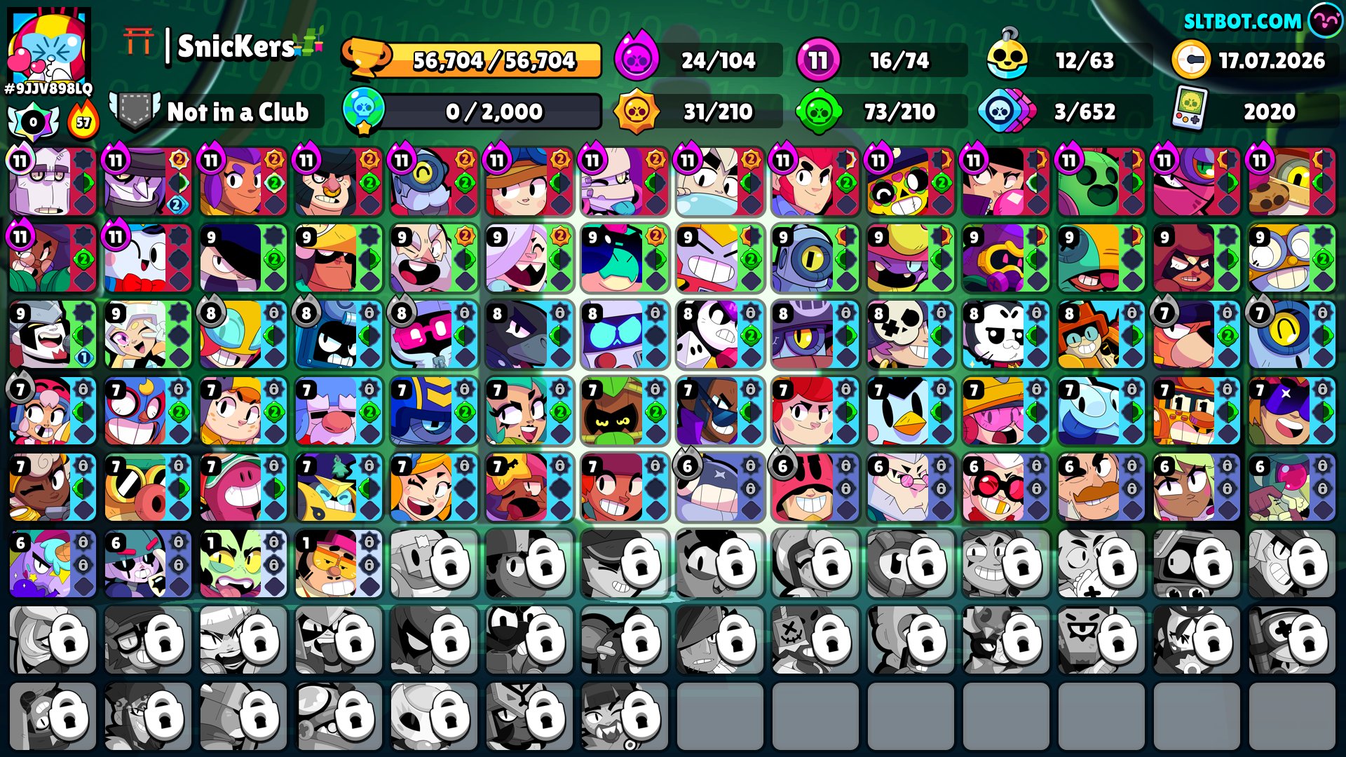GOOD ACCOUNT CREATED IN 2020 | 64 BRAWLERS | 30.1K TROPHIES | 10 11 LVLs | 9 PRIMES | 111 SKINS, trophies 56704, brawlers 74, primes 44