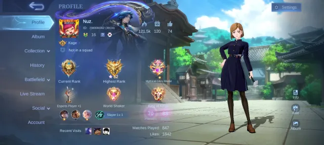 High VR, JJK Melissa Nobara, Star Kagura, Hayabusa Lucky Box, Zodiac Odette, TP Thunder, Global 🔥, Sale, Rank: Mythic, Level: 16, Win Rate: 68%, Heroes: 70, Skins: 83