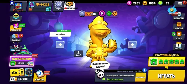 🏆 44.2K TROPHIES 🏆 🥊 74/104 BRAWLERS 🥊 ⚡ 6 - POWER 11 ⚡ 🎭 142 SKINS TOTAL 🎭 💎 SKINS FOR 16.8K GEMS 💎, trophies 44228, brawlers 74, primes 23