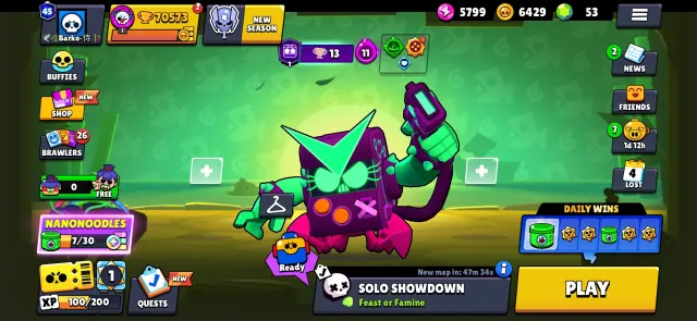 Fat account, lots of old skins. 70k cups🏆 skins for 30k gems, trophies 70573, brawlers 103, primes 45