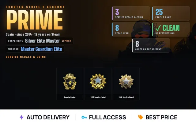 🏅 CS2 Prime 🏅 3 medals 🏅 CS2 level 25 🏅 8 games 🏅 2016 Service Medal + 2017 Service Medal, Sale, With inventory, Has PRIME