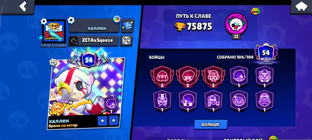 Iidfjj5 7 dlosdkkdekwkwkskskw, trophies 75875, brawlers 104, primes 54
