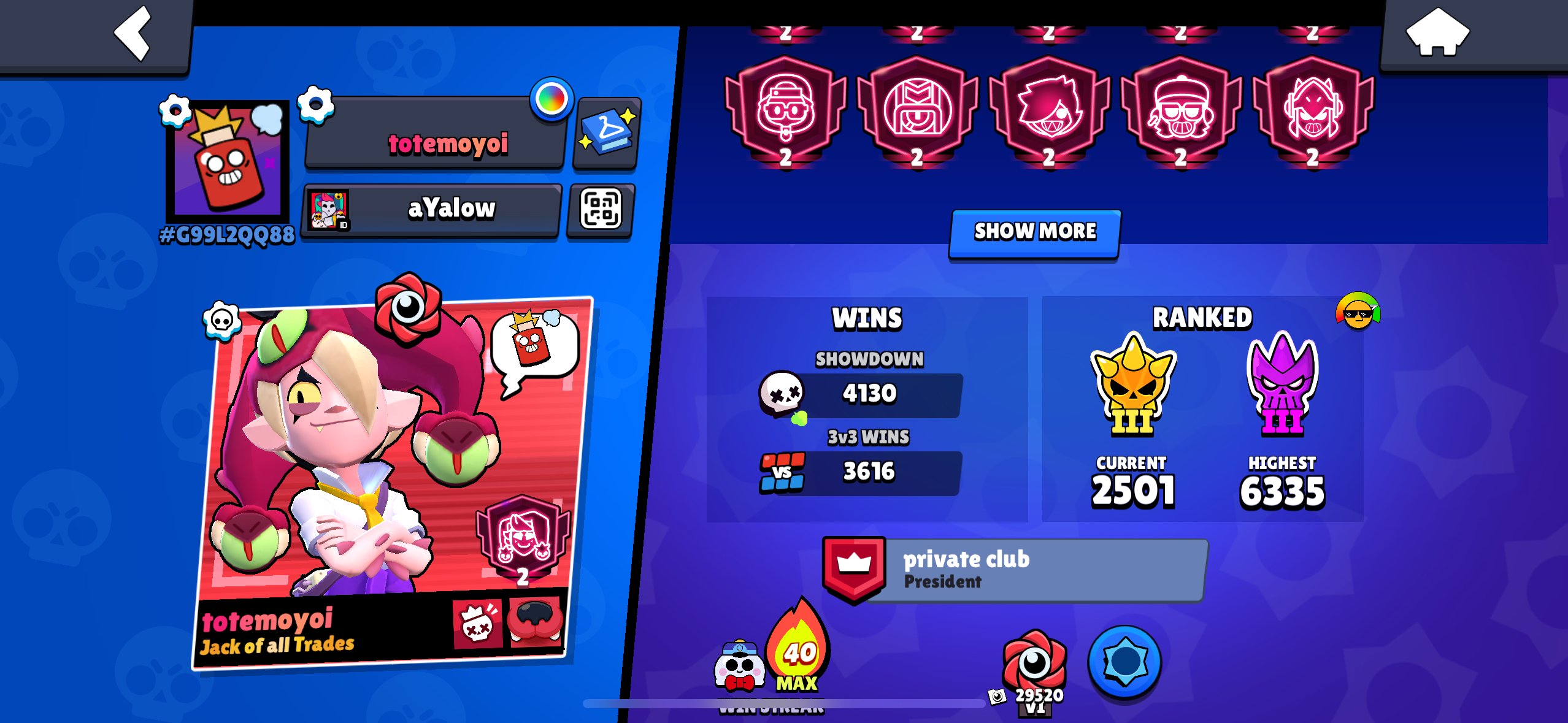💎 LOADED ACCOUNT WITH SKINS, BRAWL PASS & MANY PRIME 💎, trophies 107411, brawlers 102, primes 101