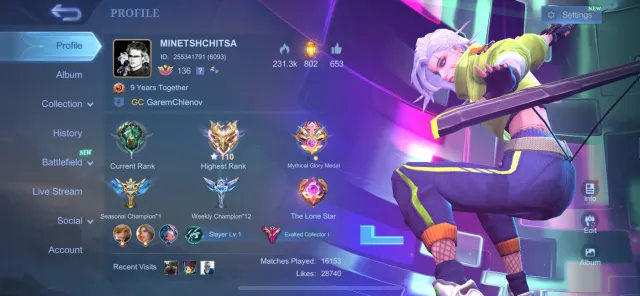 MAX 110★ GLORY | 430+ SKINS, Sale, Rank: Mythical Immortal, Level: 166, Win Rate: 60%, Heroes: 133, Skins: 437