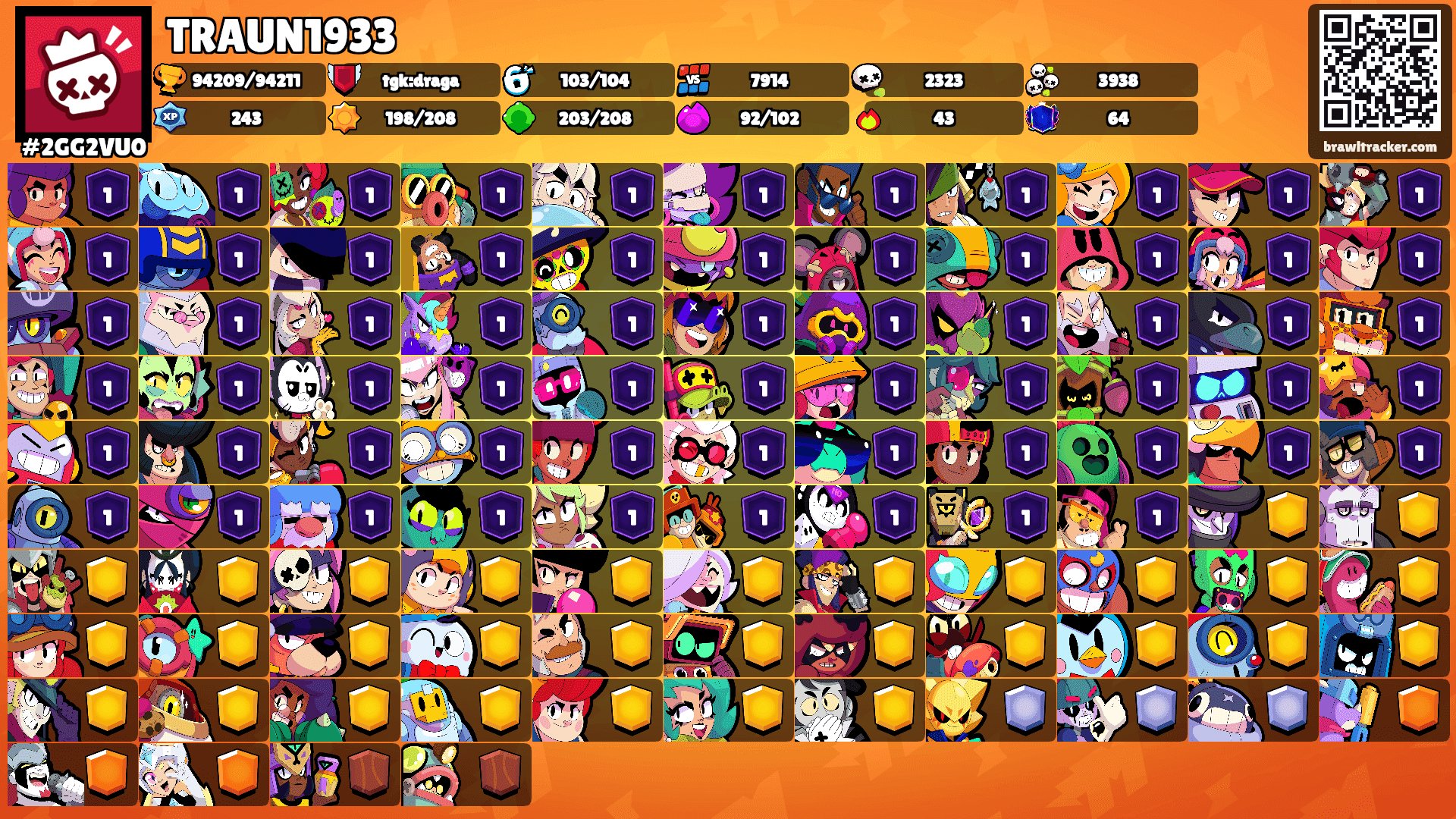 KING FRANK, matcherino, skins for 60,000 gems and more, trophies 94614, brawlers 103, primes 64