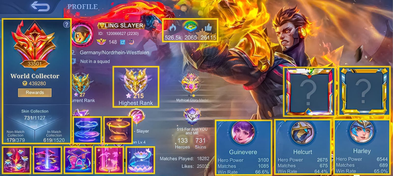 MANY COLLAB M1 Clint and Aldous 10x legend 27 collector DAWNING SET STARWARS SET, Sale, Rank: Mythical Immortal, Level: 148, Winrate: 60%, Heroes: 133, Skins: 731