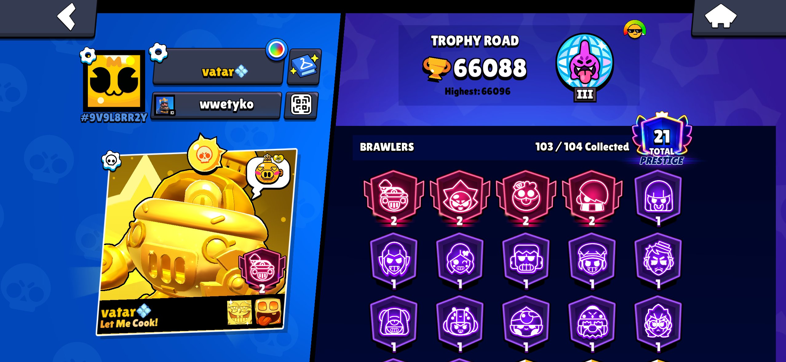 Brawl Stars buy now and nothing else, trophies 66000, brawlers 104, primes 41
