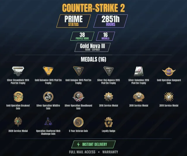 【CS2 Prime💠2800h💎16 medals】【RUST】 Gold Cologne 2015 Pick'Em Trophy, Gold Katowice 2015 Pick'Em, Sale, With inventory, Has PRIME