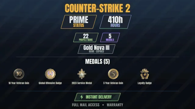 【CS2 Prime🎮410ч💠5 медалей】 Монета ветерана 10 років, Медаль за службу 2023, Значок вірності, 5 років, Продаж, Інвентар порожній, Є PRIME