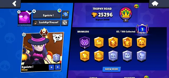 Masters account, perfect options for starting account, 25300 trophies, 83 brawlers, 1 prime