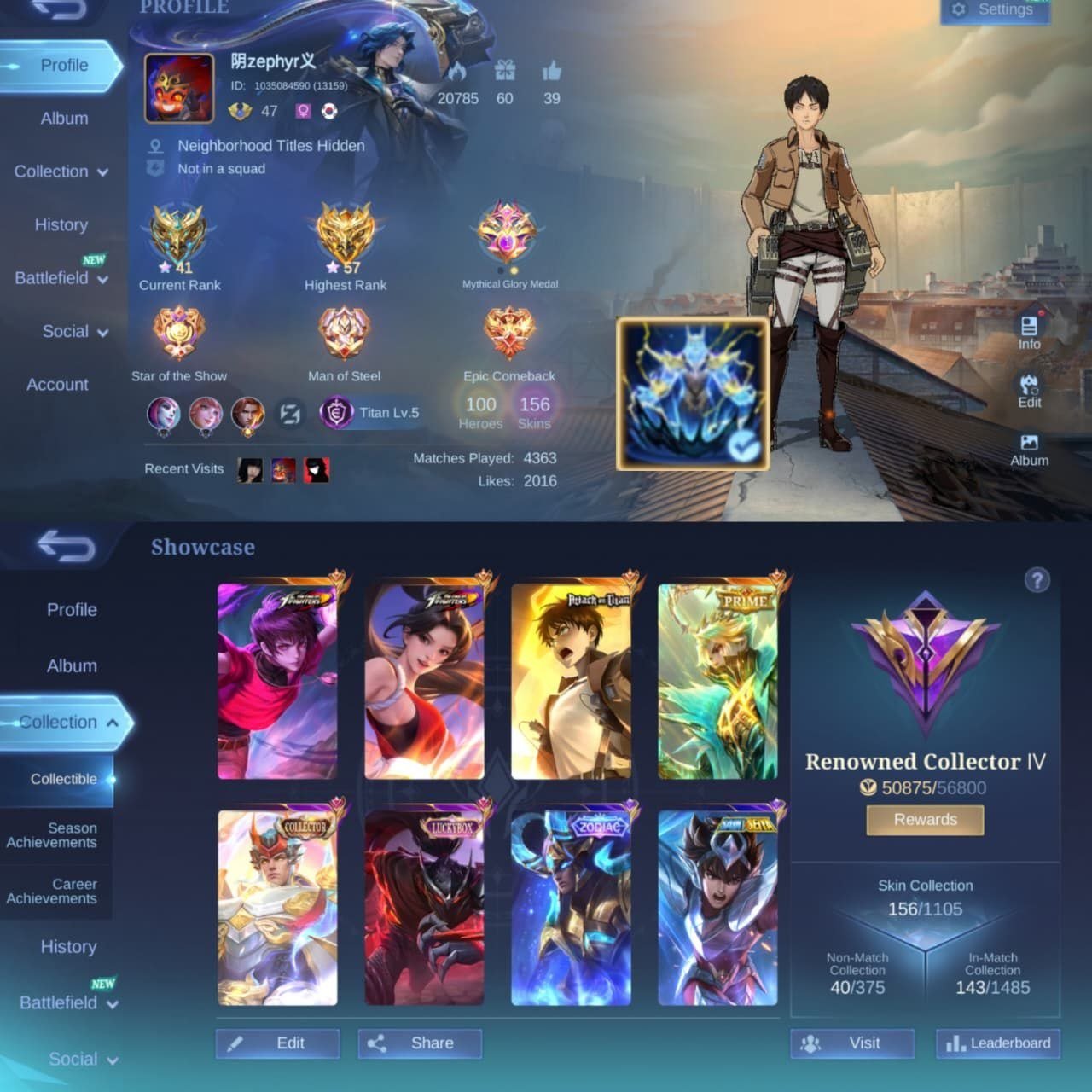 🔥 AOT Yin, Collector Tigrill, Kof Darius Masha, Prime Granger, Sale, Rank: Mythic, Level: 47, Winrate: 49%, Heroes: 100, Skins: 156