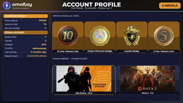 ⚡ CS2 PRIME ⚡ +4 RARE MEDALS: 10 YEARS · GO · LOYALTY · 5 YEARS • 2014 • FULL ACCESS #4FEDYQ, Sale, Inventory empty, PRIME available