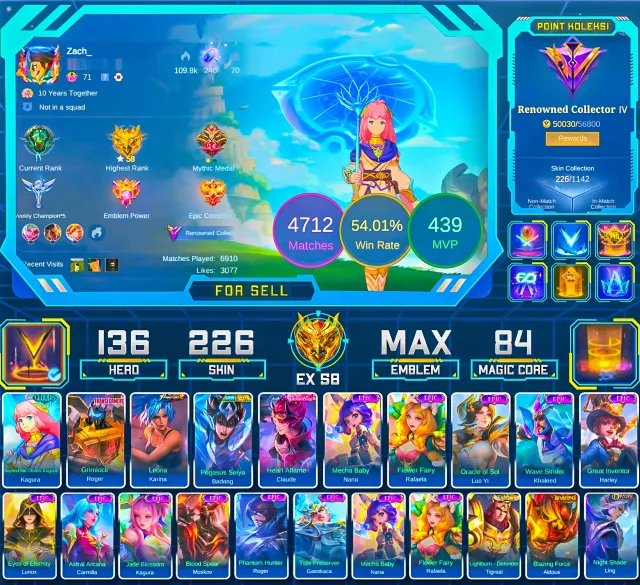 CLOUDS KAGURA | Hero 136 - Skins 226 | More Details Check Screenshot | Moonton Login - All Empty, Продажа, Ранг: Мифическая слава, Уровень: 101, Процент побед: 54%, Герои: 136, Облики: 226