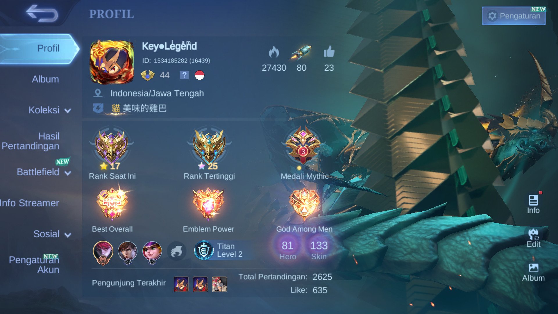Global |hero 81|skin 133|Prime granger|m6 claude|Epic roger|Venom hanabi||Venom Gusion| ML959B, Sale, Rank: Mythic, Level: 44, Winrate: 50%, Heroes: 81, Skins: 133