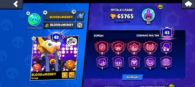 Selling a powerful Brawl Stars account with many old skins, lots of buffs, upgrades, 5k gold, 16k blings, 65765 trophies, 104 brawlers, 43 primes